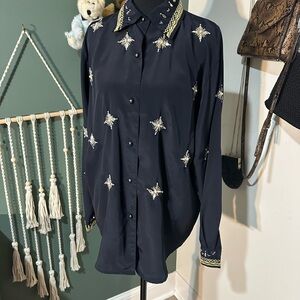 Embellished Vintage Western Navy Button-Up Shirt Size 12 (see measurements)